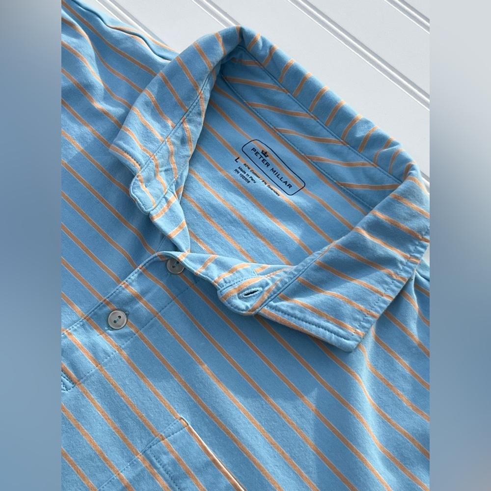 Peter Millar Striped Polo Shirt Size Large Blue Striped Performance Golf Casual